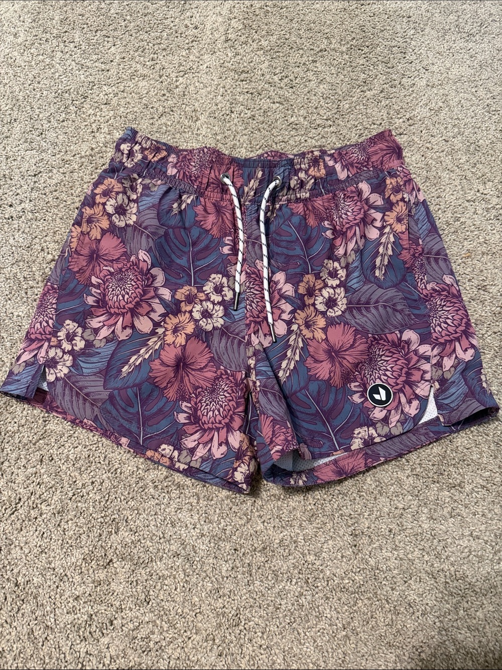 Floral Drawcord Women's Swim Athletic Shorts - Purple Pink - Picture 1 of 1